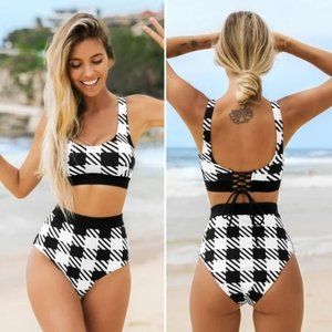Cupshe Black and White Plaid High Waisted Bikini Bottoms XS NWT